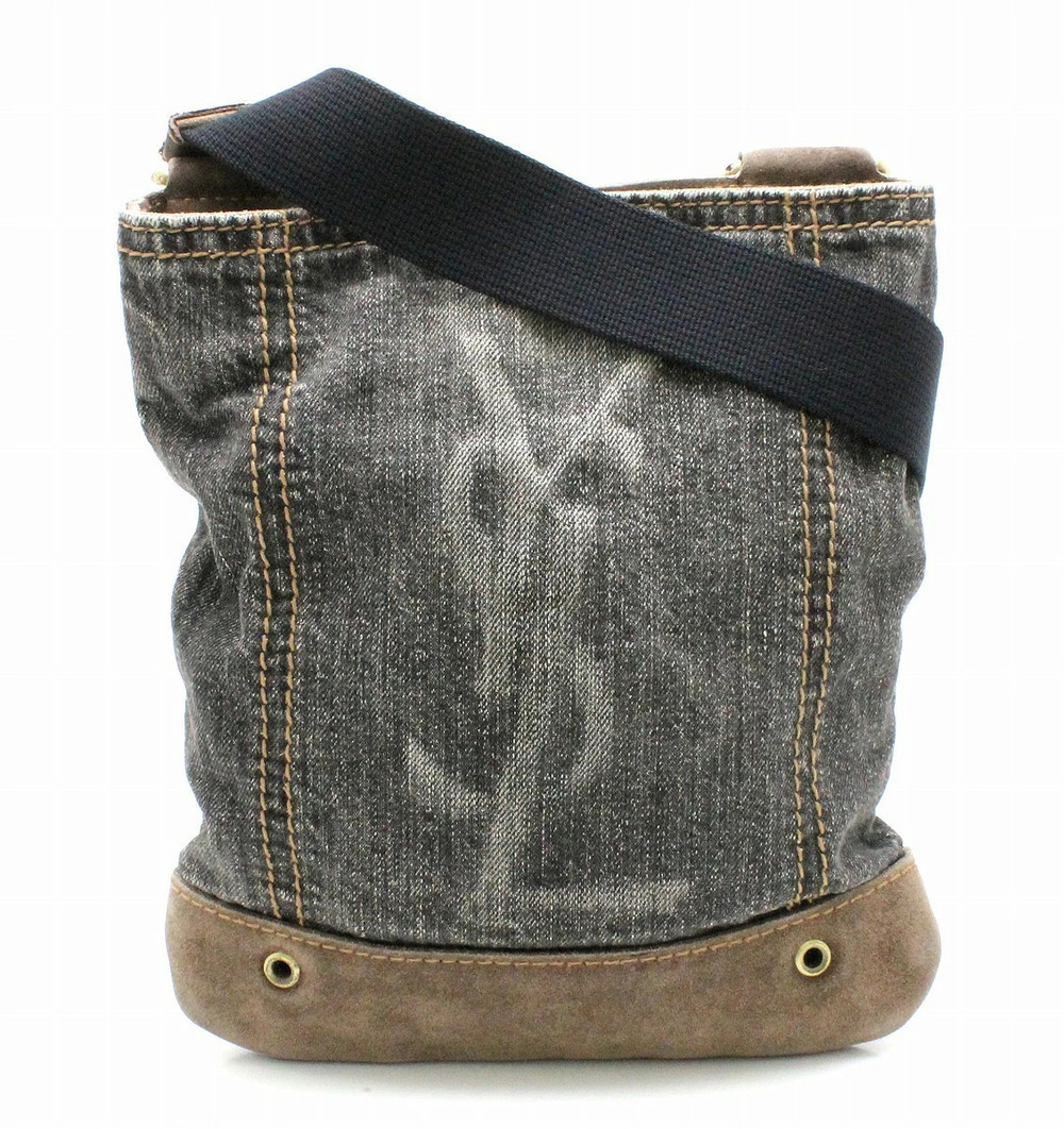 Saint Laurent Yves Yves YSL Shoulder Bag Denim Distressed Gray Black Brown